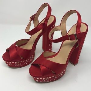 NWOT Red Light Satin Studded Platform Sandals 37